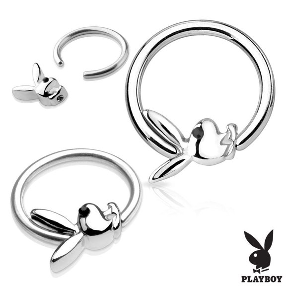 Captive Hoop Rings with Black Gem Eye Playboy Bunny Surgical Steel