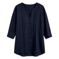thumbnail image 5 of 3/4 Length Sleeve Womens Tops Cotton Linen V Neck Button Up Pleated Relaxed Fit Dressy Casual Office Work T Shirts, 5 of 5