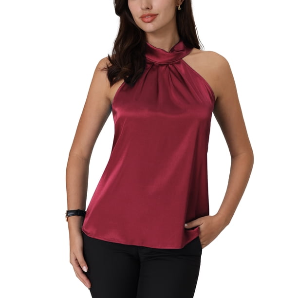 INSPIRAR CHIC Blusa sin mangas para mujer con cuello halter y lazo en la espalda de satén color burdeos