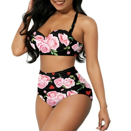 Yuyamidu Skin-Friendly Women Bathing Suits Tankini Pink Rose High Waisted Halter Ruched Bikini Sets  2 Pcs Tummy Control Push Up Swimming Suits for Summer Size XL
