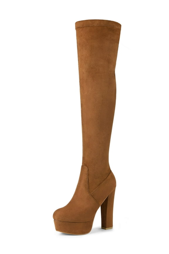 Women's Boot Platform Block Heel Over Knee Boots Brown 6