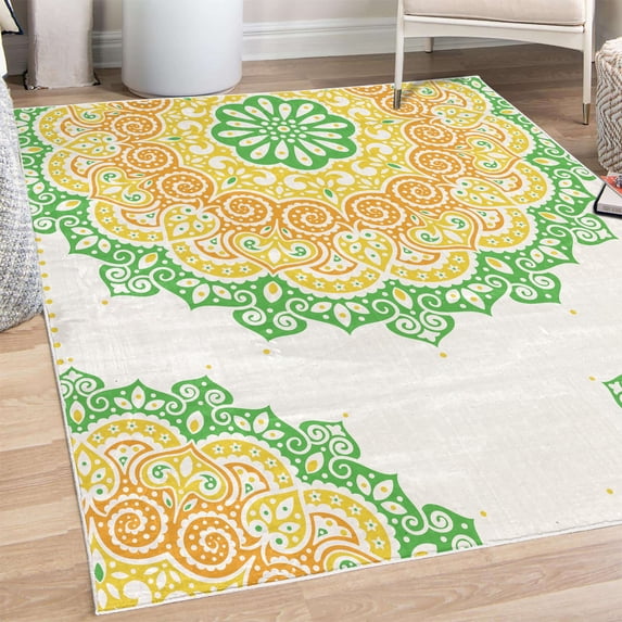 Oriental Decorative Rug, Soft Colored Mandala South Culture Inspired Floral Image, Quality Carpet for Bedroom Dorm and Living Room, 6 Sizes, Orange Green, by Ambesonne