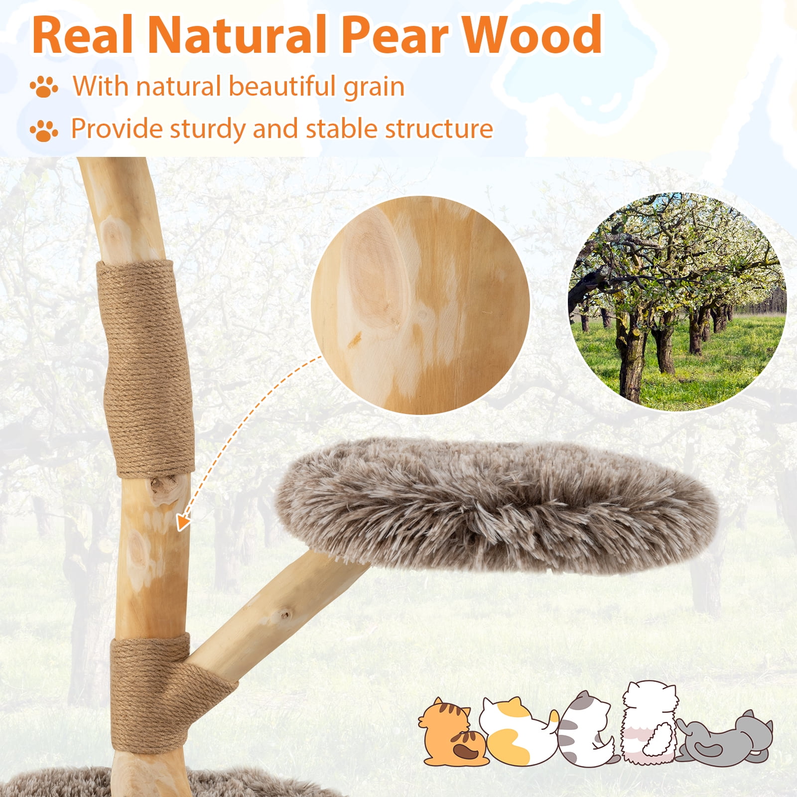 Gymax Solid Wood Cat Tower Modern Cat Scratching Tree w/Luxurious Perch Teasing Rope