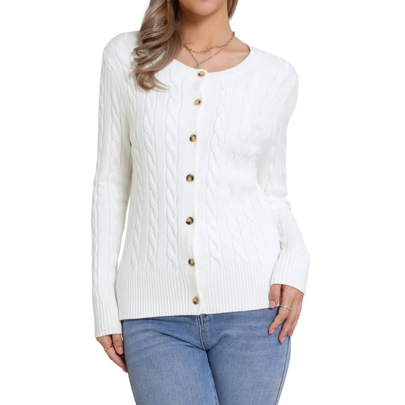 DARING DIVA Women's Cable Knit Button Down Long Sleeve Cardigan Sweater XS White