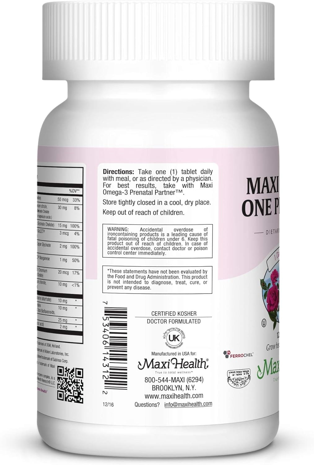 Maxi Health One Prenatal – Women’s Multivitamin with Iron – Pregnancy & Fetal Health Support – 120 Tablets