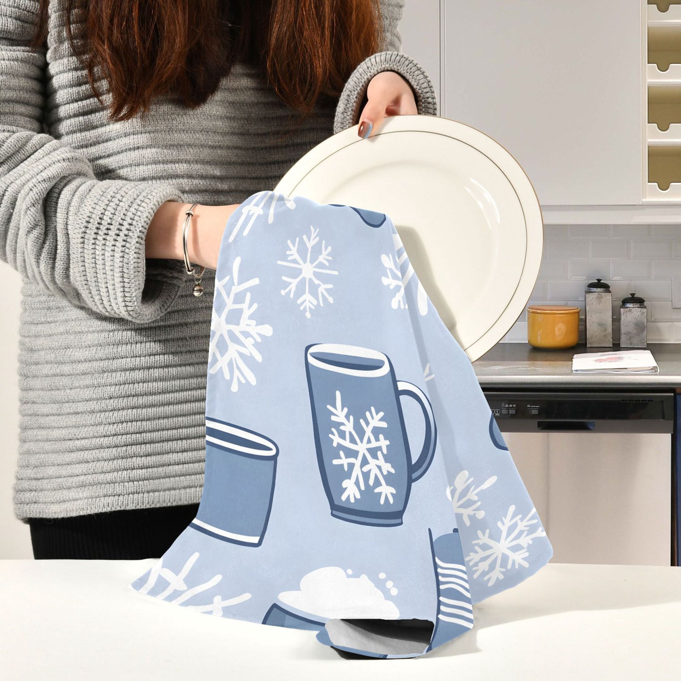 Winter Themed Pattern Kitchen Towels 6-Piece Pack Tea Towels for Kitchen Decorative Waffle Design 28x18in