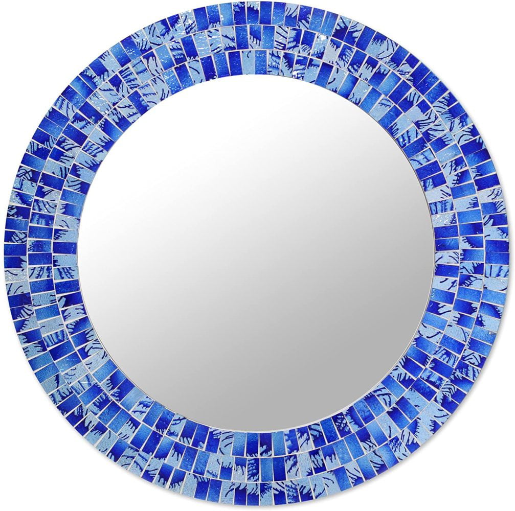 NOVICA Blue Glass Mosaic Wood Framed Round Decorative Wall Mounted Mirror Tropical Fusion' Large