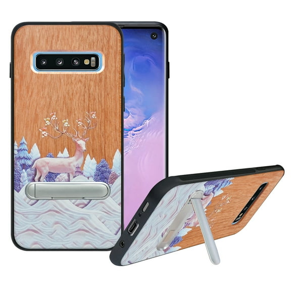 Labanema Samsung Galaxy S10 Plus Case, Samsung Galaxy S10 Plus Cover with Metal Kickstand, Natural Wood TPU Cover, Anti Scratch Case for Samsung Galaxy S10 Plus (Elk)