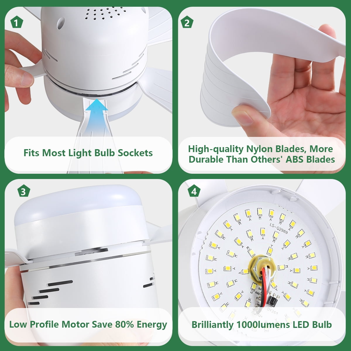 JOPESO Socket Fan Light with Remote, 19in Ceiling Fans with Lights with 3 Speeds and 3 Colors E27 Base, Dimmable LED Socket Fan for All Locations