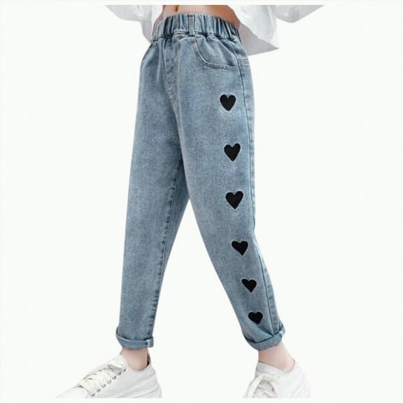 Hessimy Girls Cropped Jeans Size 12-14 Outdoor Pants Jogger Basic Denim Pants Tapered Heart Printed Pants Teen Girl Clothes Home Pants (Dark Blue,3-4 Years)