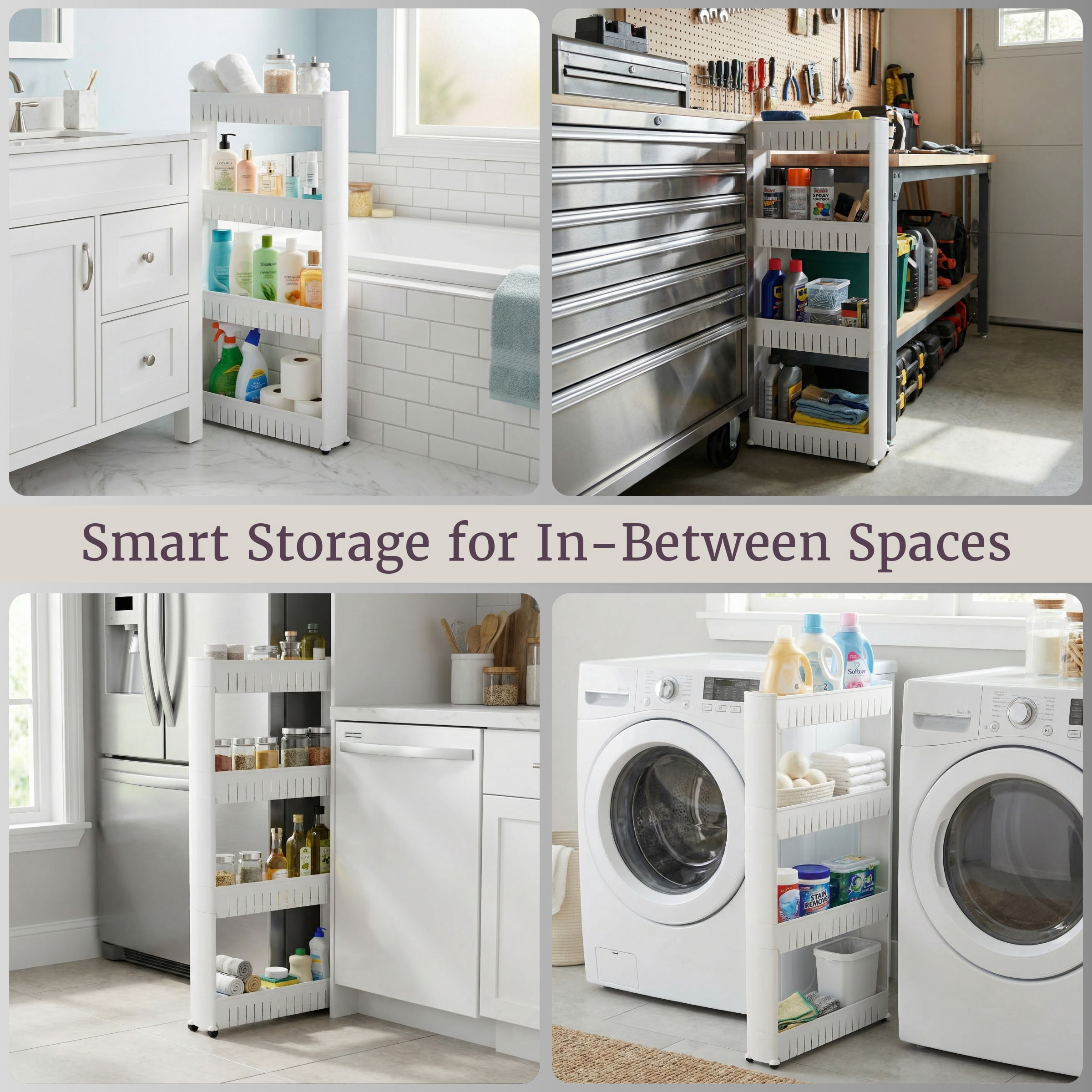 Everyday Home Mobile Plastic Shelving Unit Organizer, 4 Storage Baskets, Slim Slide Out Pantry