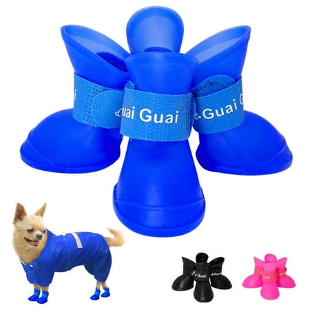Didog 4pcs Rubber Waterproof Small Medium Large Dog Shoes Pet Puppy Paw Protector Anti Slip Rain Boots/Non-Slip Snow Booties Black /Blue/Pink