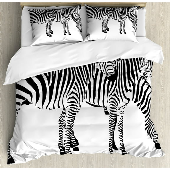 Savannah Duvet Cover Set, Zebra Animals Skin Print with Stripes Jungle Wildlife Monochrome Illustration Art, Decorative 3 Piece Bedding Set with 2 Pillow Shams, Queen Size, White Black, by Ambesonne