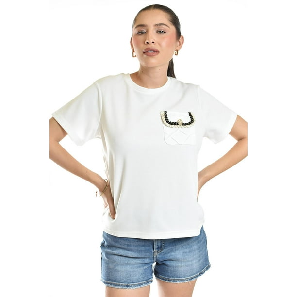 Blusa con detalle de bolsillo Roman Fashion /Juvenil, 5111 (Blanco) blanco M