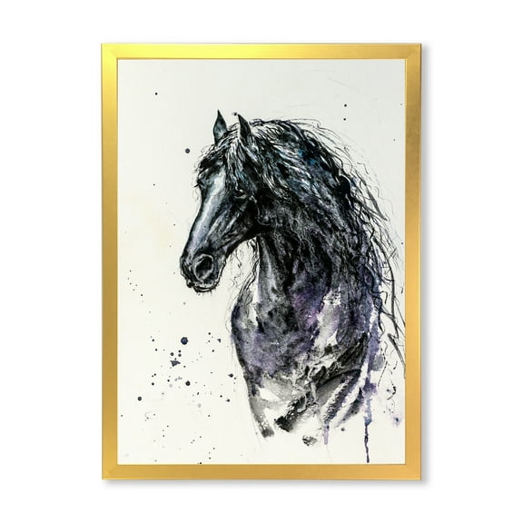 Designart 'Close Up of Friesian Horse With Long Manes' Farmhouse Framed Art Print