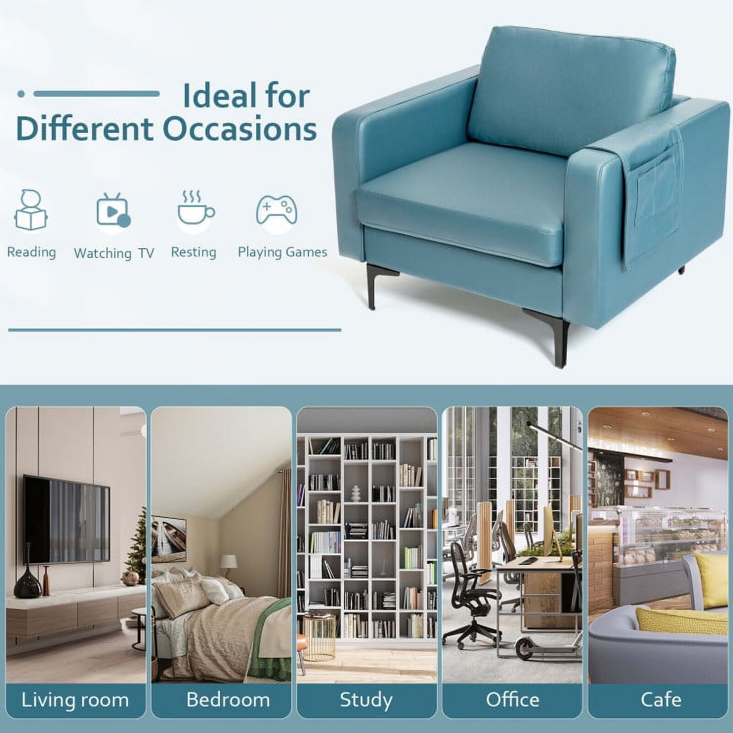 Finihen Upholstered Accent Armchair, Modern Accent Armchair with Side Storage Pocket, for Living Room, Bedroom, Blue