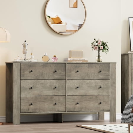 EastVita Gray Dresser for Bedroom Large 6 Drawer Dresser with Deep Drawers Metal Knobs Modern Wooden Double Chests of Drawers for Kids Bedroom Entryway Hallway