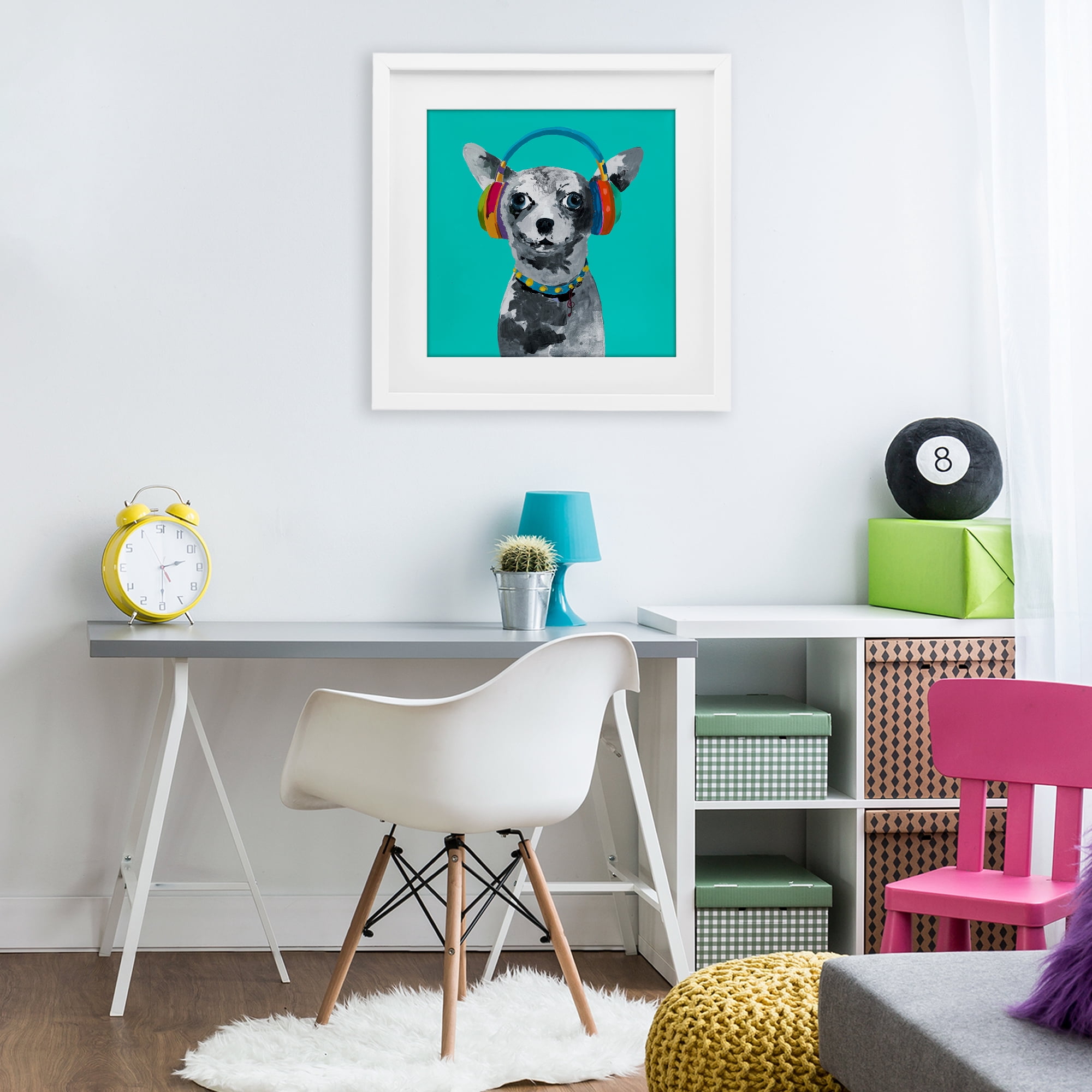 Stupell Industries Jammin' Pup on Blue White Framed Print Under Glass, design by Lorenzo Collective