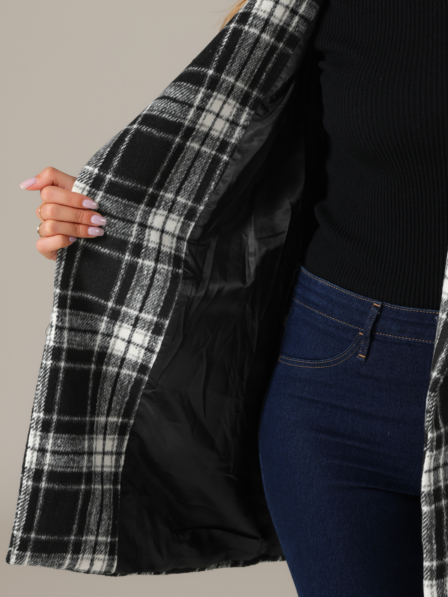 DARING DIVA Women's Winter Plaid Belted Shawl Collar Check Wrap Coat Black White M