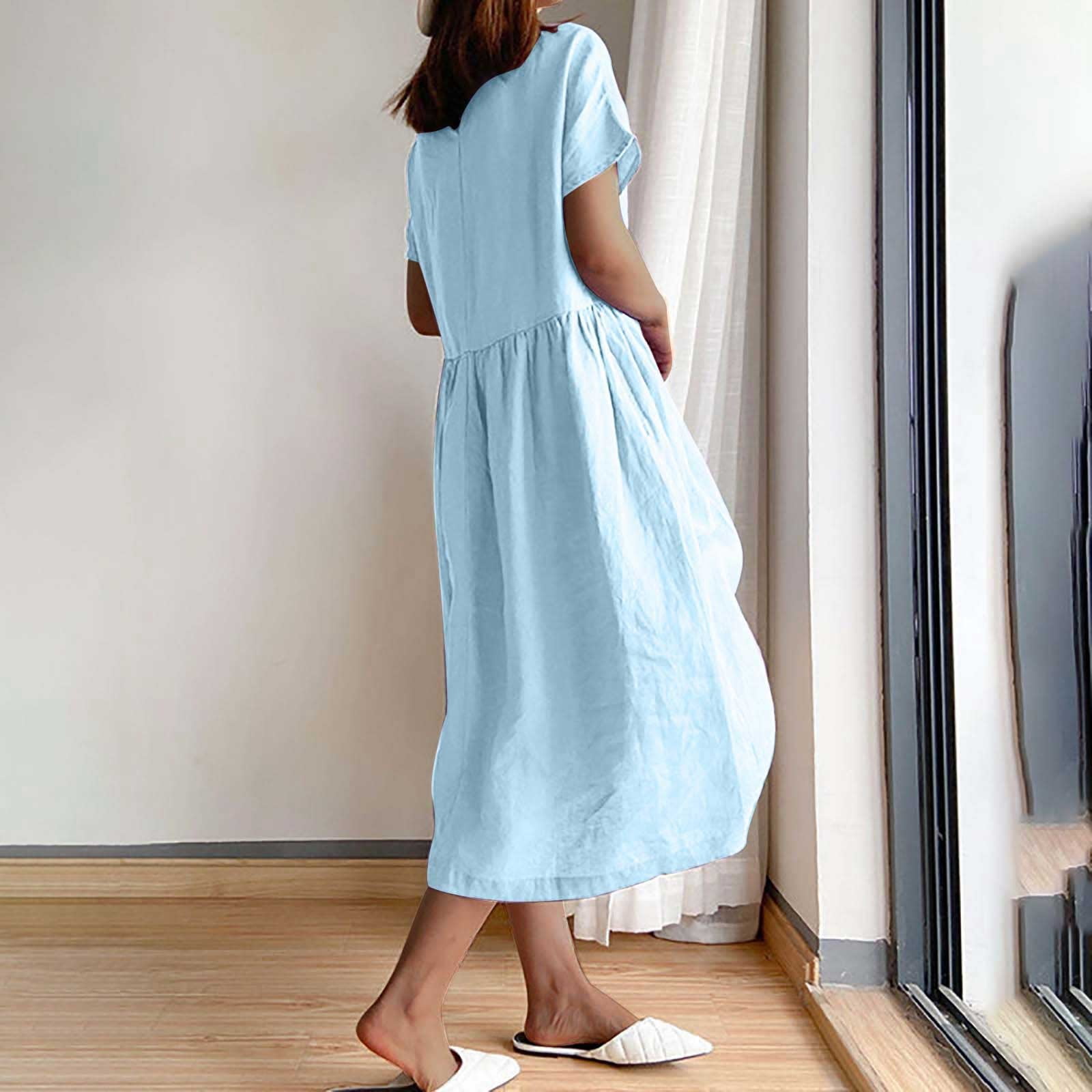 Summer and Spring Dresses for Women 2024 Casual Women'S Summer Fashion  Solid Color Round Neck Short Sleeve Cotton Linen Dress - Walmart.com