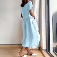 thumbnail image 4 of Zpanxa Summer Dresses for Women Summer Fashion Solid Color Round Neck Short Sleeve Cotton Linen Dress Light Blue L, 4 of 8