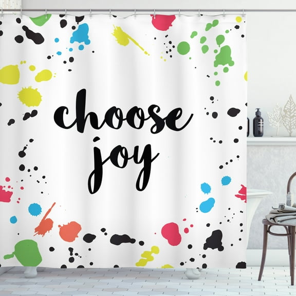 Choose Joy Shower Curtain, Colorful Typographic Design with Splatters and Blots on the Backdrop Theme, Fabric Bathroom Set with Hooks, 69W X 70L Inches, Multicolor, by Ambesonne
