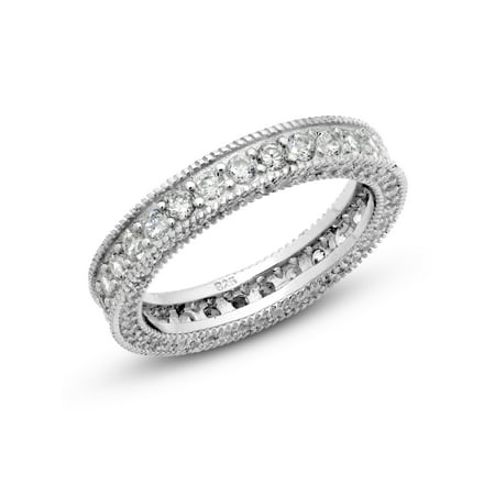 Band Vintage Ring - Sz 7 Sterling Silver 925 Cubic Zirconia CZ Vintage Milgrain Eternity Band Ring