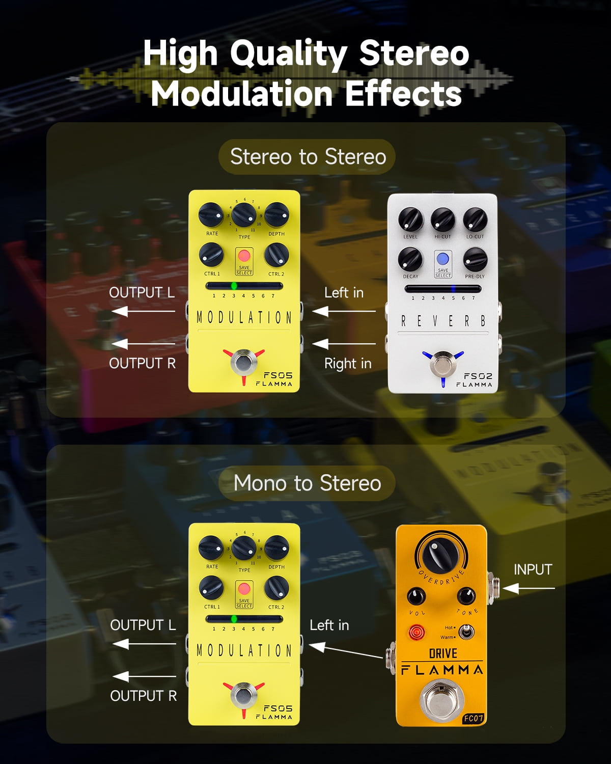 FLAMMA FS05 Multi Modulation Pedal Guitar Pedal Stereo Effects Flanger Chorus Tremolo Phase Effects 7 Storable Slots 11 Modulation Effects True Bypass