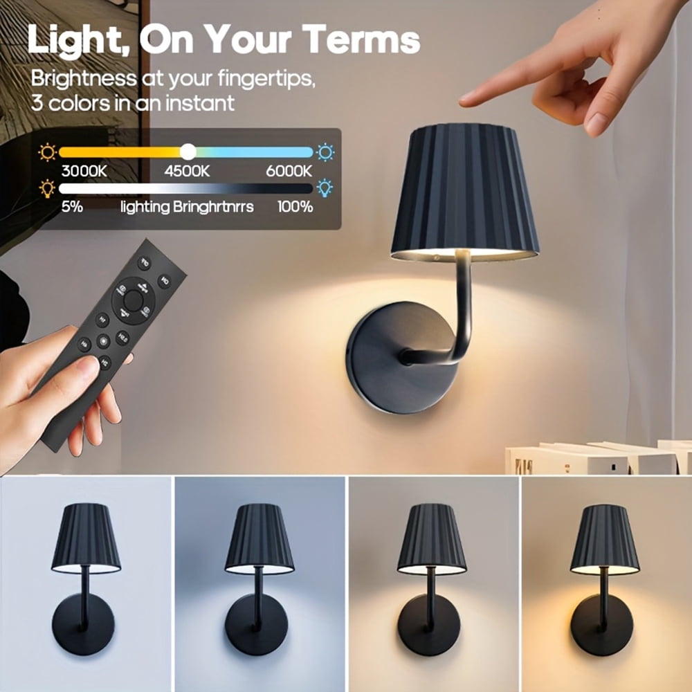 Jercoda 2 Pack Wireless Wall Sconces with Remote Control, 2000mAh Rechargeable Arm Wall Lights with Touch Control, Black Metal Wall Lamps for Bedroom Living Room, Set of 2