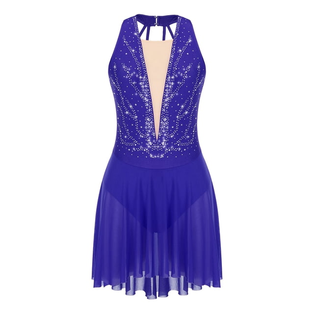 CHICTRY Costume de Danse Lyrique pour Femmes Robe Sans Manches Asymétrique Contemporain Ballet Danse Moderne R0884 Bleu Royal TG