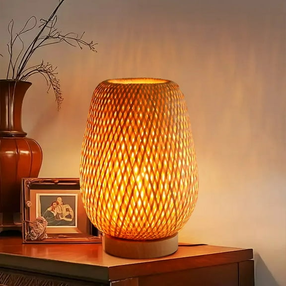 UEEYAC LED Desk Lamp Contemporary Reading Light Bamboo Wood Bedside Table Lamps