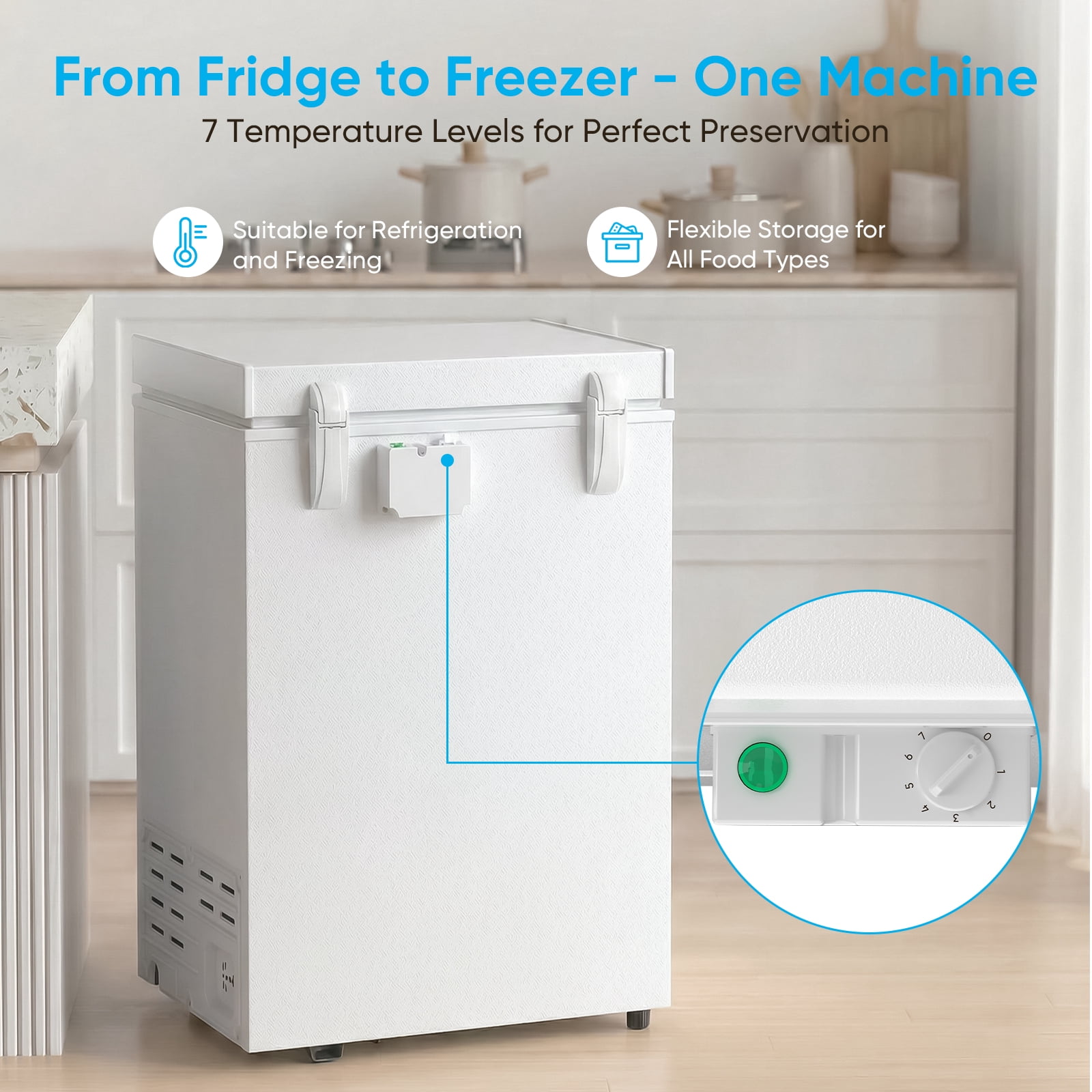 TABU Chest Freezer, 5.0 Cu Ft Deep Freezer with Adjustable Temperature, Compact Freezer with Top Open Door (White)