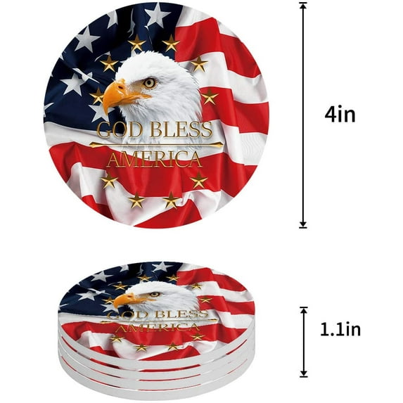 FMSHPON Gold Bless American USA Flag and Eagle Set of 4 Round Coaster for Drinks, Absorbent Ceramic Stone Coasters Cup Mat with Cork Base for Home Kitchen Room Coffee Table Bar Decor