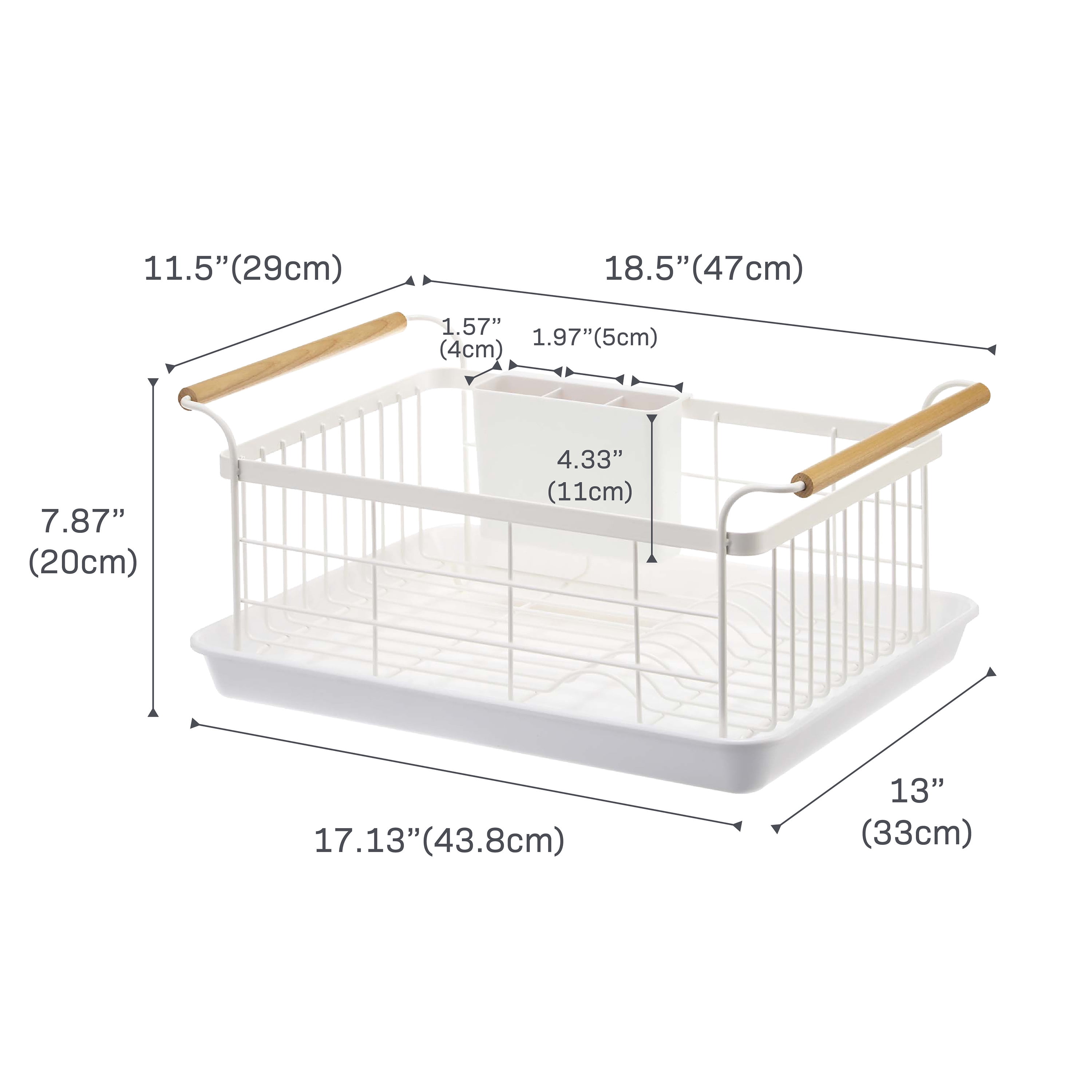 Yamazaki Home Dish Rack, Gray, Steel + Wood, Supports 22 pounds, Drainer Tray, Handles, Utensil Holder, Water Resistant, No Assembly