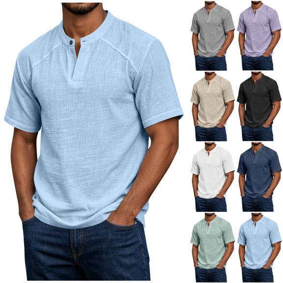 Kalauyu Mens Henley Shirts Stand Collar Short Sleeve Half Button Shirt Casual Lightweight Outdoor Work Pullover Tops