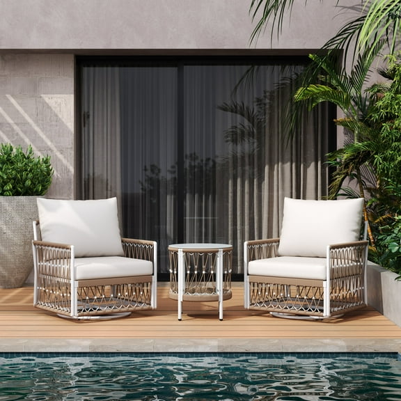 3-Piece Bohemian Outdoor Furniture Set With 2 Swivel Chairs And Glass Top Side Table – Handwoven Rope Design For Patio Garden Poolside Use