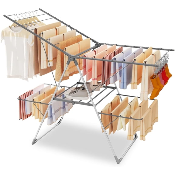 Clothes Drying Rack Foldable, 68.9Inch High Hanger Laundry Drying Rack with 4 Height-Adjustable Wings, Lightweight and Space Saving Clothes Airer for Apartments, Dorms, Camping