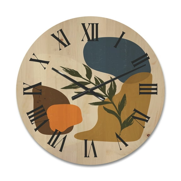Designart 'Green Leaf With Botanical Minimalist Shapes' Modern Wood Wall Clock