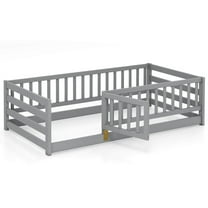 Infans Twin Size Floor Bed w/High Fence & Door Safety Guardrails Wood Floor Bed Frame