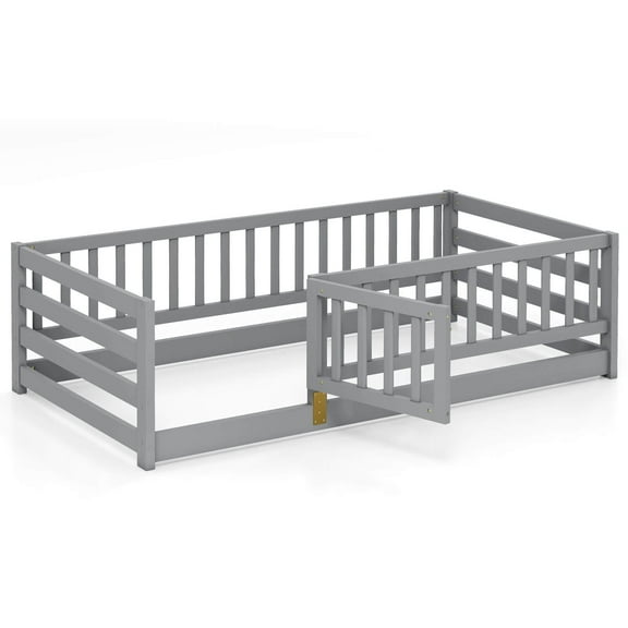 Infans Twin Size Floor Bed w/High Fence & Door Safety Guardrails Wood Floor Bed Frame
