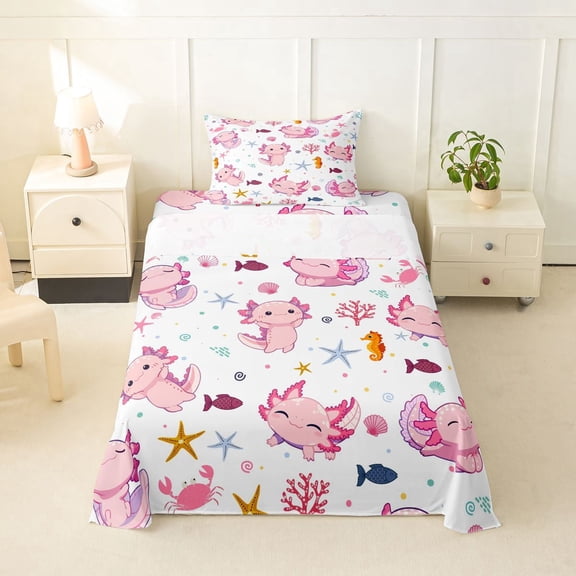 Manfei Cute Axolotl Twin Sheets,Sea Life Seamless Bedding For Girls,Pink White,3pcs,1 Fitted Sheet and 1 Pillowcase