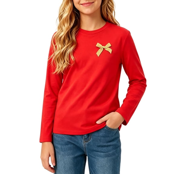 QIbmong Girls Long Sleeve Shirts Crew Neck Lightweight Bow Cute Playwear Casual Soft Tops for Toddler Kids(12-13Years,Red)