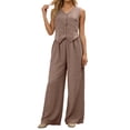 thumbnail image 2 of Women's 2 Piece Outfits Linen Vest Waist-coat Dressy linen sets for women 2 piece Casual Sets Wide Leg Pants Suits (Brown,XL), 2 of 4