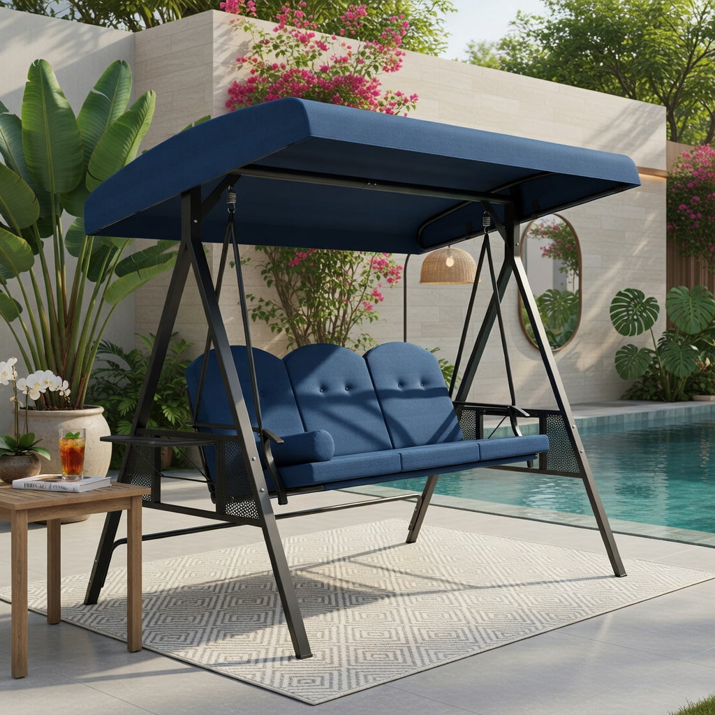 Hommoo 3-Person Outdoor Patio Swing Chair with Adjustable 60° Canopy, Thick Cushions, Foldable Side Trays & Heavy-Duty Steel Frame, Navy