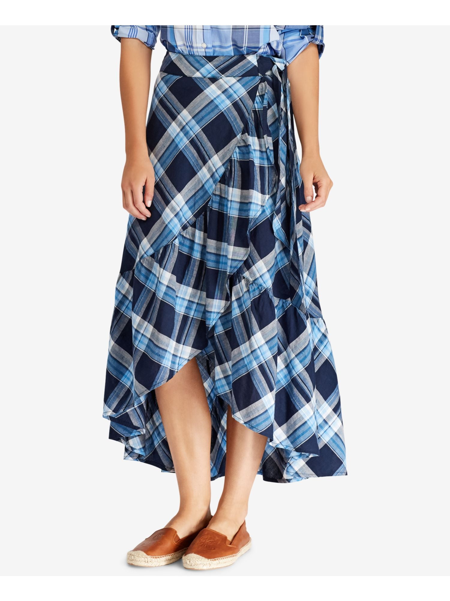 Ralph Lauren RALPH LAUREN Womens Navy Plaid Ruffled Asymmetrical Tea