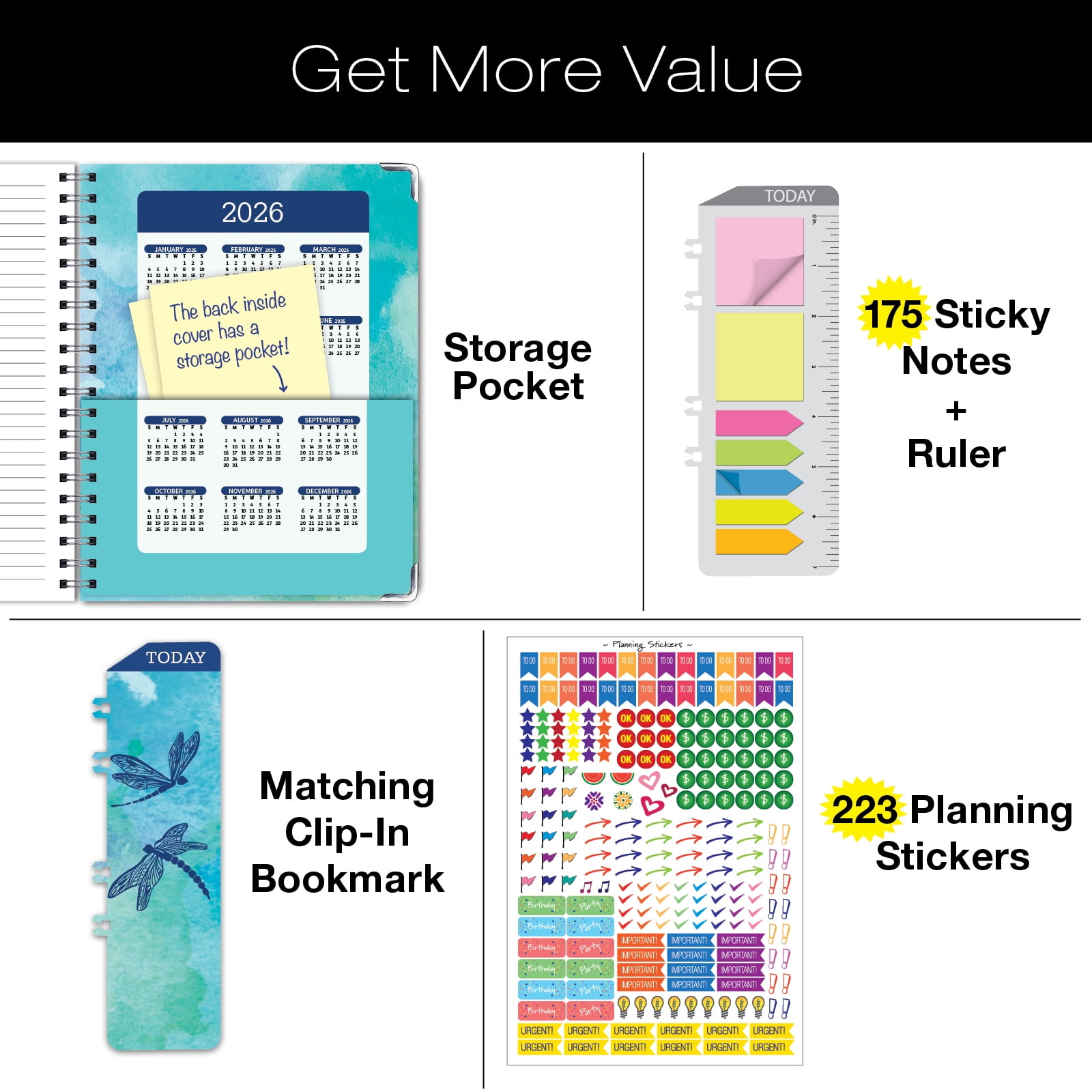 Academic Year 2025-2026 Planner, June 2025 - July 2026, 8.5"x11" Daily Weekly Monthly Planner Yearly Agenda, Hardcover, Bookmark, Pocket Folder and Sticky Note Set (Dragonflies)