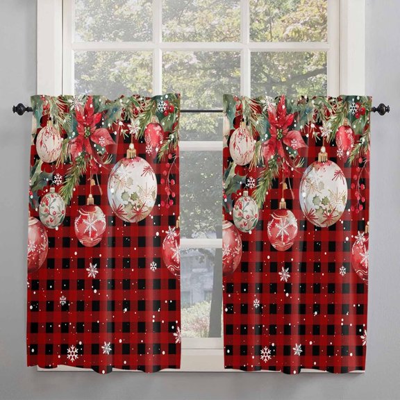 Red Black Plaid Christmas Ball Kitchen Curtains 54 in Long, Xmas Poinsettia Snowflake Rod Pocket Window Curtains Panels for Bedroom/Bathroom/Nursery, Light Filtering Treatment Curtains Drapes 42"x54"
