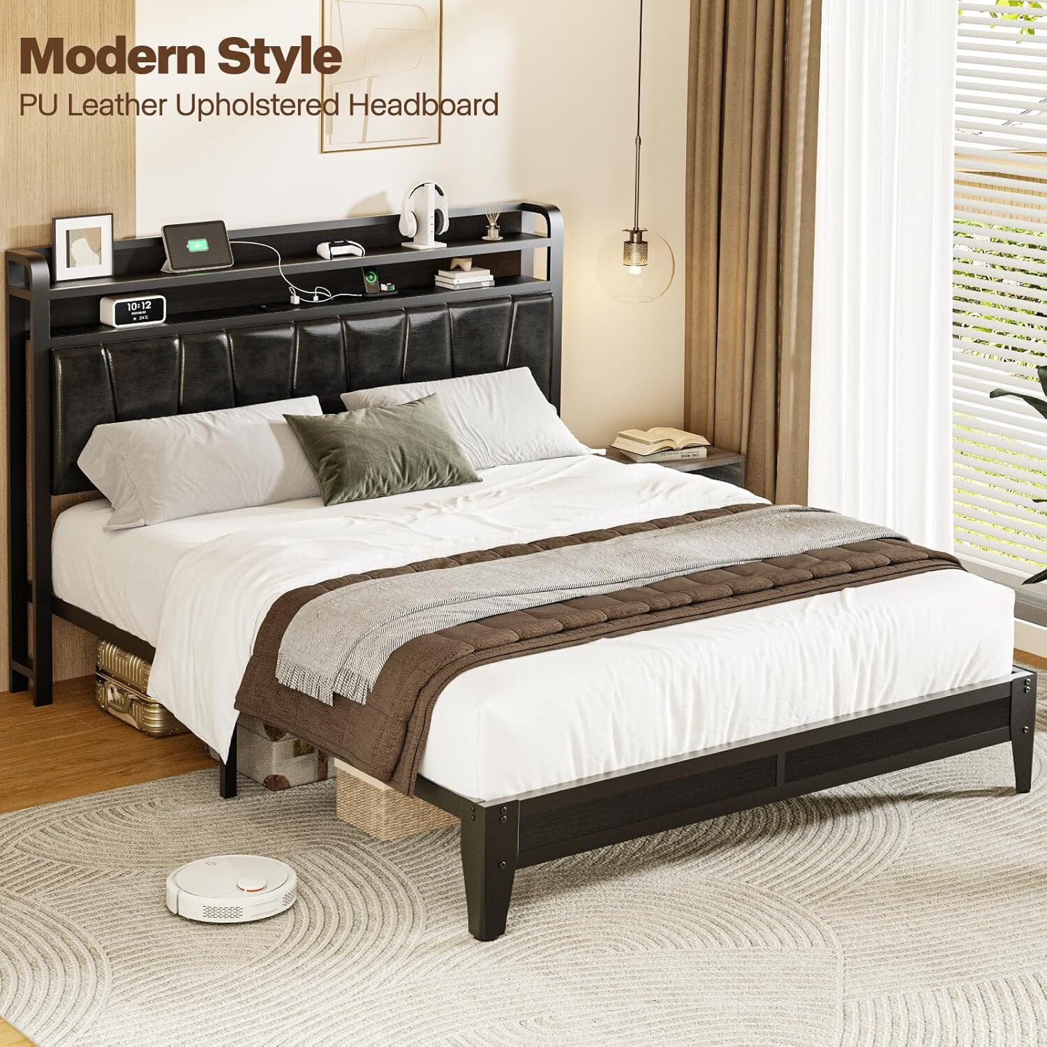 Queen Size Metal Platform Bed Frame with LED Lights and Charging Station, 2-Tier Storage Shelves and PU Leather Headboard for Master Bedroom, No Box Spring Needed, Black