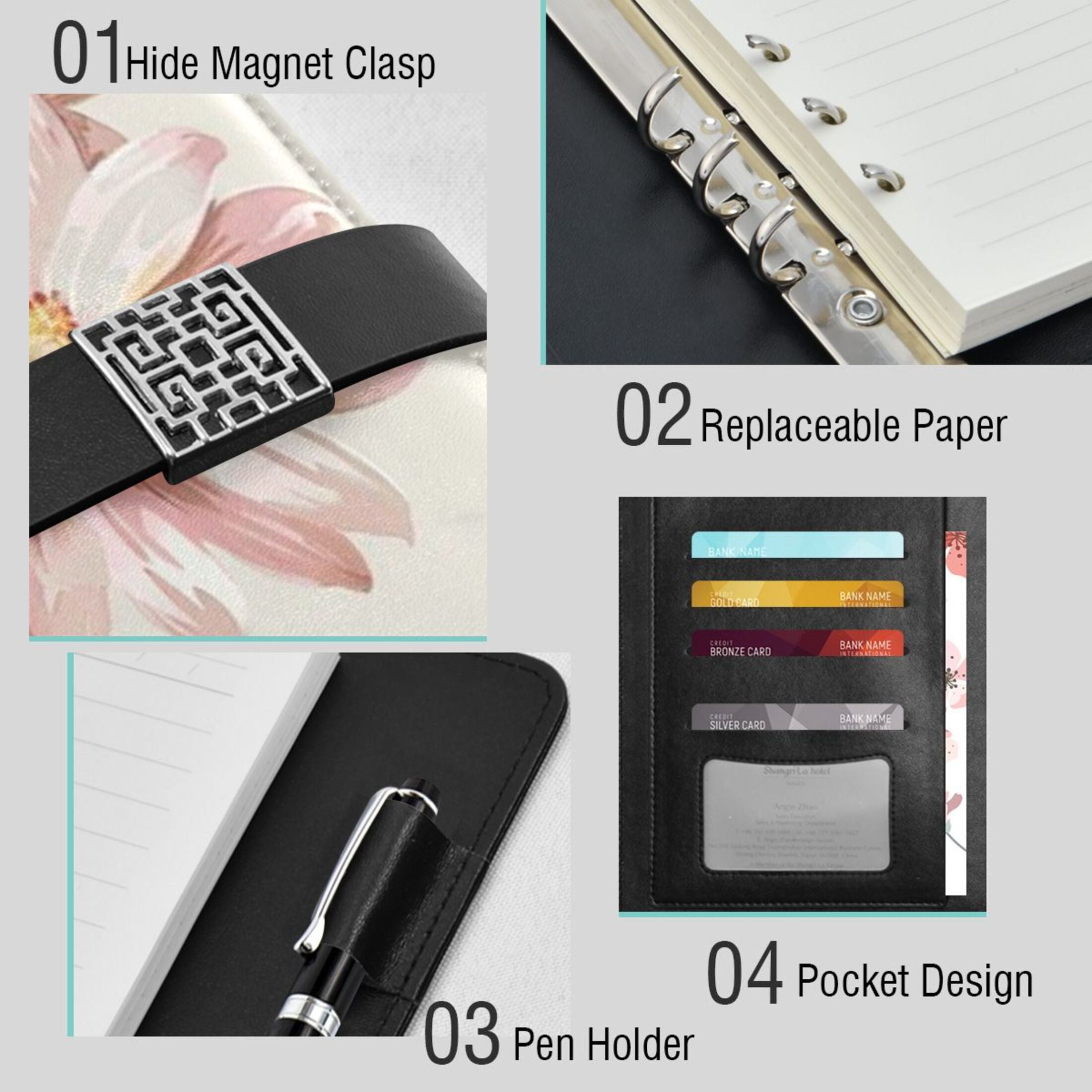 Leather Planner Leather Notebook Notebook Journal Binder Design Pen Pocket Design Convenient for Storage Light Pink Large Flower