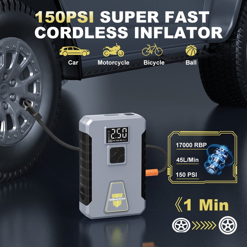 BSMOOM Car Jump Starter with Air Compressor, 12V 6000A Peak Portable Car Battery Jump Starter Jump Box, 150PSI Car Air Pump Tire Inflator Battery Charger with LED Light, LCD Display, Gray
